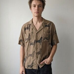 Vintage Blue Rose Mens Shirt XXL Brown Poodle Printed Camp Collar Boho Artsy